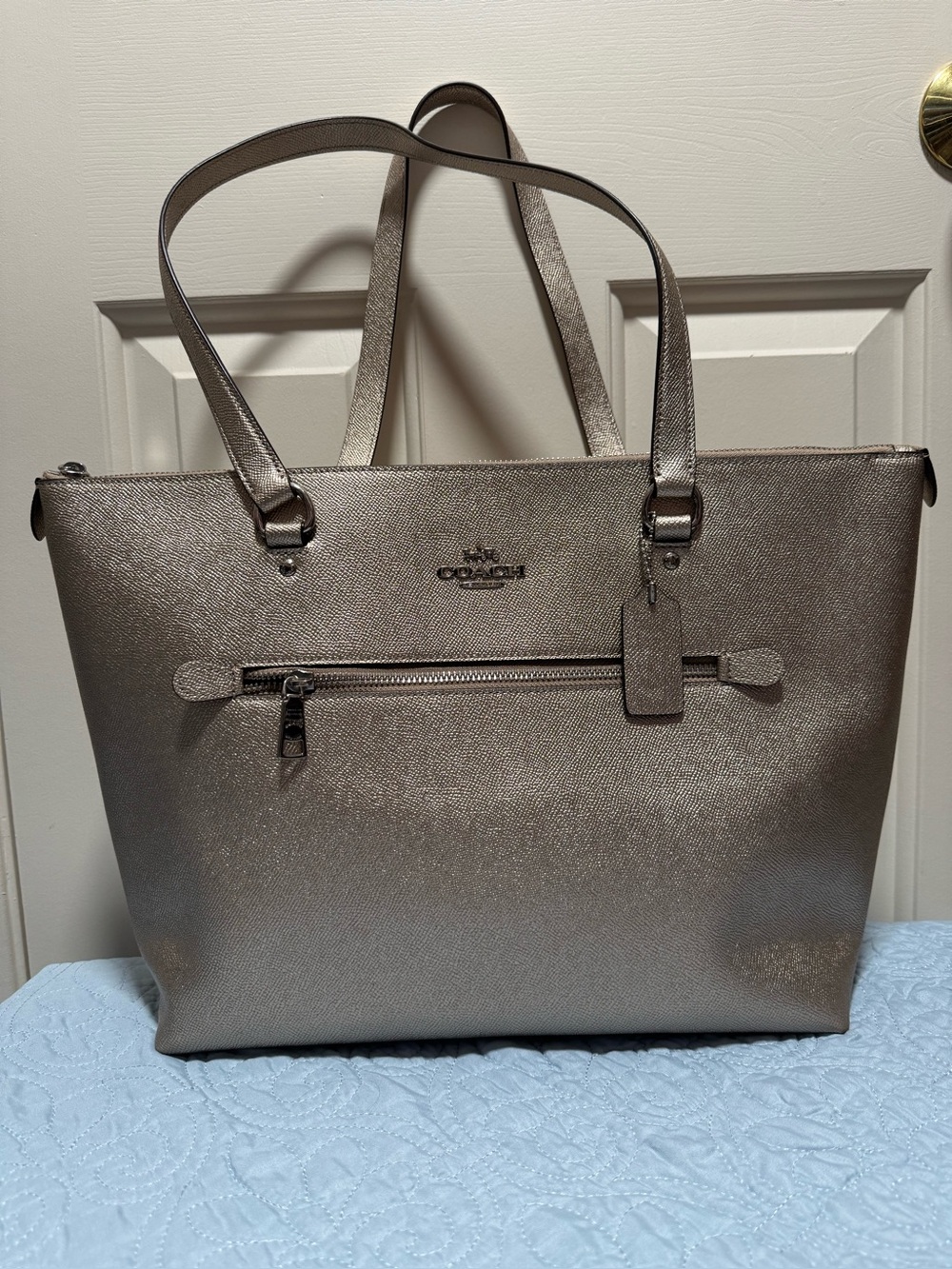 Coach Metallic Champagne Taupe Gallery Leather Tote Bag F87684
